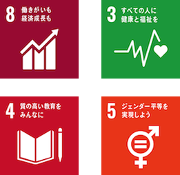 SDGs　目標8　目標3　目標4　目標5