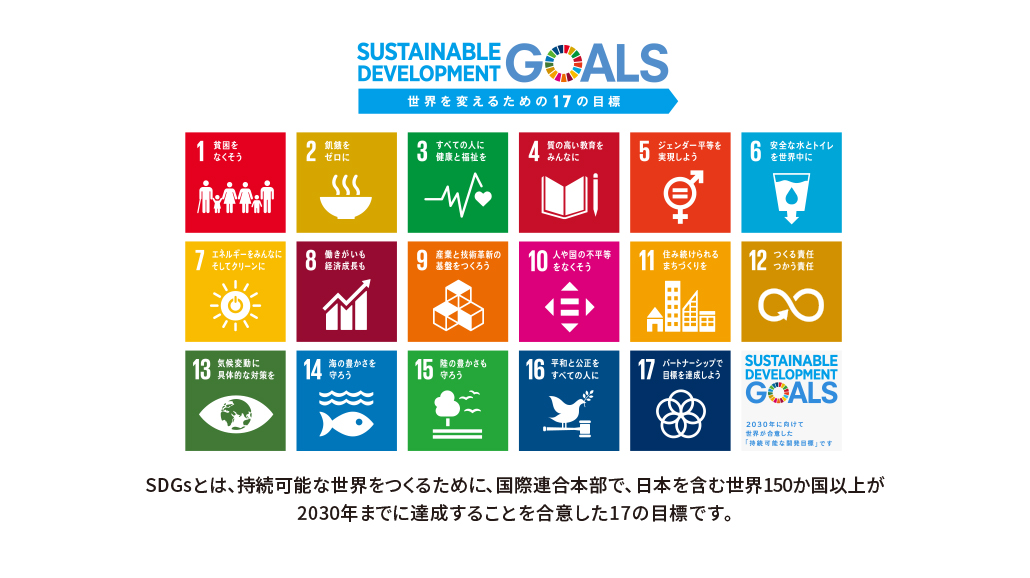 SDGsとは?
持続可能な世界をつくるために、国際連合本部で、日本を含む世界150か国以上が
2030年までに達成することを合意した17の目標です。