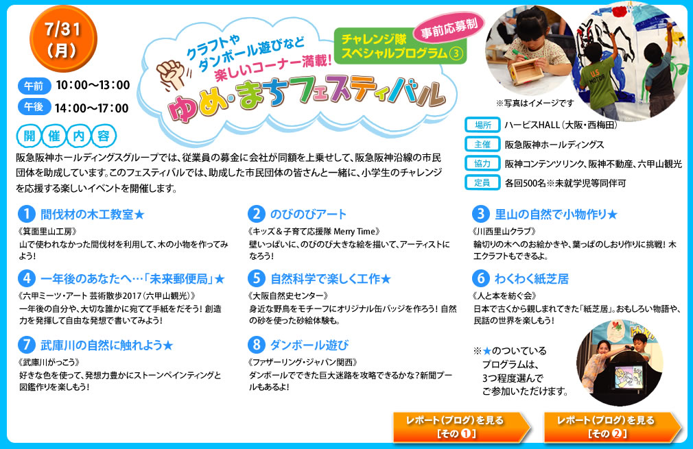 チャレンジ隊スペシャルプログラム（3）事前応募制
クラフトやダンボール遊びなど楽しいコーナー満載！
ゆめ・まちフェスティバル
阪急阪神ホールディングスグループでは、従業員の募金に会社が同額を上乗せして、阪急阪神沿線の市民団体を助成しています。このフェスティバルでは、助成した市民団体の皆さんと一緒に、小学生のチャレンジを応援する楽しいイベントを開催します。
ハービスHALL（大阪・西梅田）
阪急阪神ホールディングス
各回500名
※未就学児同伴可
阪神コンテンツリンク、
阪神不動産、六甲山観光
コーナー 一覧
★のついているプログラムは、3つ程度選んでご参加いただけます。
間伐材の木工教室
箕面里山工房
山で使われなかった間伐材を利用して、木の小物を作ってみよう！
のびのびアート
キッズ＆子育て応援隊 MerryTime
壁いっぱいに、のびのび大きな絵を描いて、アーティストになろう！
里山の自然で小物づくり
川西里山クラブ
輪切りの木へのお絵かきや、葉っぱのしおり作りに挑戦！ 木工クラフトもできるよ！
一年後のあなたへ…「未来郵便局」
六甲ミーツ・アート 芸術散歩2017（六甲山観光）
一年後の自分や、大切な誰かに宛てて手紙をだそう！ 創造力を発揮して自由な発想で書いてみよう！
自然科学で楽しく工作
大阪自然史センター
身近な野鳥をモチーフにオリジナル缶バッジを作ろう！ 自然の砂を使った砂絵体験も。
わくわく紙芝居
人と本を紡ぐ会
日本で古くから親しまれてきた「紙芝居」。おもしろい物語や、民話の世界を楽しもう！
武庫川の自然に触れよう★
武庫川がっこう
好きな色を使って、発想力豊かにストーンペインティングと絵本づくりを楽しもう！
ダンボール遊び
ファザーリング・ジャパン関西
ダンボールでできた巨大迷路を攻略できるかな？ 新聞プールもあるよ。
