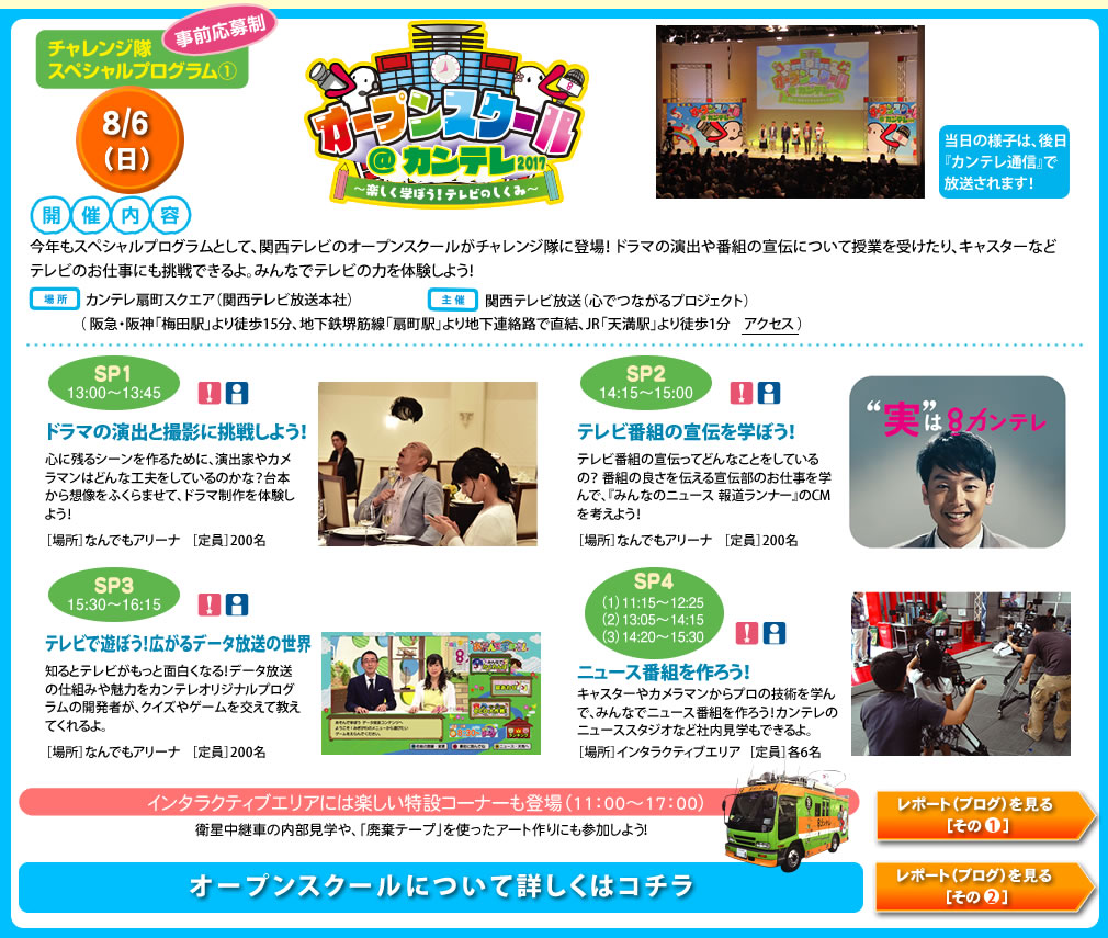チャレンジ隊スペシャルプログラム（1）事前応募制
オープンスクール@カンテレ2017〜楽しく学ぼう！テレビのしくみ〜
今年もスペシャルプログラムとして、関西テレビのオープンスクールがチャレンジ隊に登場！ ドラマの演出や番組の宣伝について授業を受けたり、キャスターなどテレビのお仕事にも挑戦できるよ。みんなでテレビの力を体験しよう！
カンテレ扇町スクエア（関西テレビ放送本社）
関西テレビ放送（心でつながるプロジェクト）
ドラマの演出と撮影に挑戦しよう！
心に残るシーンを作るために、演出家やカメラマンはどんな工夫をしているのかな？台本から想像をふくらませて、ドラマ制作を体験しよう！
なんでもアリーナ
テレビ番組の宣伝を学ぼう！
テレビ番組の宣伝ってどんなことをしているの？ 番組の良さを伝える宣伝部のお仕事を学んで、『みんなのニュース報道ランナー』のCMを考えよう！
テレビで遊ぼう！広がるデータ放送の世界
知るとテレビがもっと面白くなる！データ放送の仕組みや魅力をカンテレオリジナルプログラムの開発者が、クイズやゲームを交えて教えてくれるよ。
ニュース番組をつくろう！
キャスターやカメラマンなど、プロの技術を学んで、みんなでニュース番組を作ろう！カンテレのニューススタジオなど社内見学もできるよ。