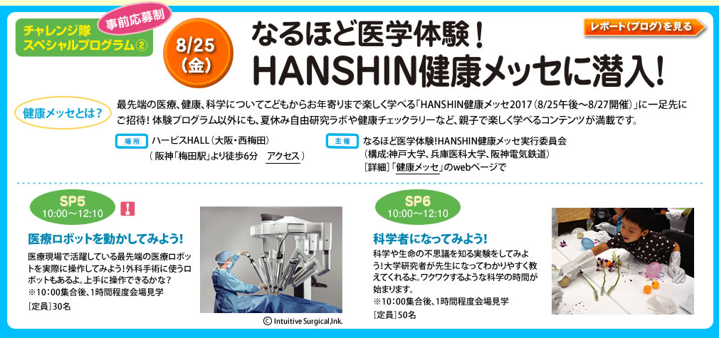 チャレンジ隊スペシャルプログラム（2）事前応募制
なるほど医学体験HANSHIN健康メッセに潜入！
HANSHIN健康メッセに潜入！
最先端の医療、健康、科学についてこどもからお年寄りまで楽しく学べる「HANSHIN健康メッセ（8/25午後〜8/27開催）」に一足先にご招待！ 体験プログラム以外にも、生きたiPS細胞の展示や夏休み自由研究ラボなど、親子で楽しく遊んで学べるコンテンツが満載です。
健康メッセとは？
ハービスHALL（大阪・西梅田）
なるほど医学体験！
HANSHIN健康メッセ実行委員会
（構成:神戸大学、兵庫医科大学、阪神電気鉄道）
【詳細】 http://kenko-messe.com/ 「健康メッセ」で検索
医療ロボットを動かしてみよう！
医療現場で活躍している最先端の医療ロボットを実際に操作してみよう！外科手術に使うロボットもあるよ。上手に操作できるかな？
科学者になってみよう！
科学や生命の不思議を知る実験をしてみよう！大学研究者が先生になってわかりやすく教えてくれるよ。
※10：00集合後、1時間程度会場見学