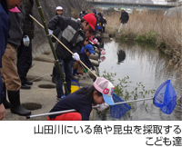 山田川にいる魚や昆虫を採取するこども達