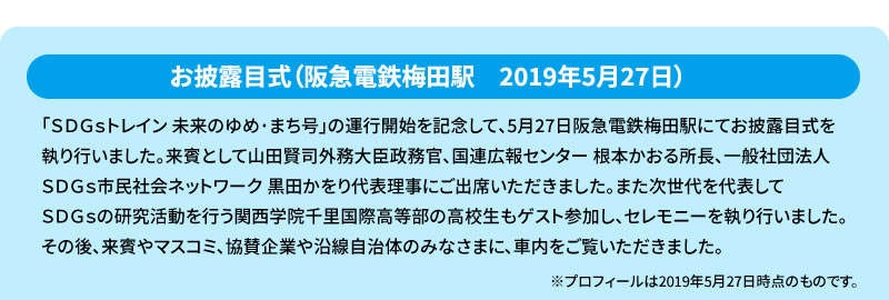 お披露目式（阪急電鉄梅田駅　2019年5月27日）
「ＳＤＧｓトレイン 未来のゆめ･まち号」の運行開始を記念して、5月27日阪急電鉄梅田駅にてお披露目式を
執り行いました。来賓として山田賢司外務大臣政務官、国連広報センター 根本かおる所長、一般社団法人
ＳＤＧｓ市民社会ネットワーク 黒田かをり代表理事（当時）にご出席いただきました。また次世代を代表して
ＳＤＧｓの研究活動を行う関西学院千里国際高等部の高校生もゲスト参加し、セレモニーを執り行いました。
その後、来賓やマスコミ、協賛企業や沿線自治体のみなさまに、車内をご覧いただきました。